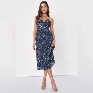 Lulus Poise and Perfection Navy Floral Print Pleated Midi Dress Medium NWT